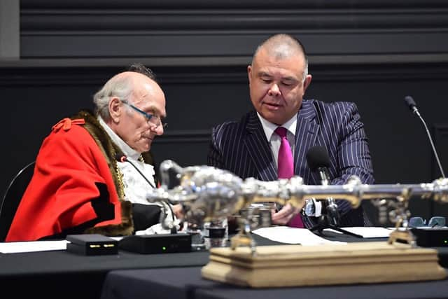 Boston Mayor Coun Frank Pickett hands over the scroll and medal to Prof Sir Jonathan Van Tam.