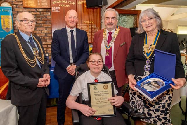 Chloe Ingomells pictured with Boston Mayor Frank Pickett, Paul Bastock former Boston goalkeeper, Jane Robson Rotary President for Boston St Botolph and Geoff Day Rotary President for Boston. Photos by John Aron.