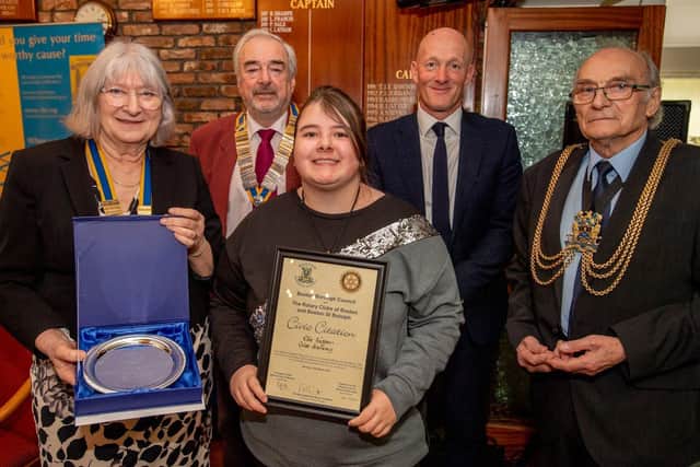 Ella Napper pictured with Jane Robson, Rotary President for Boston St Botolph, Geoff Day, Rotary President for Boston, Paul Bastock former Boston goalkeeper, and Boston Mayor Frank Pickett. Photos by John Aron.