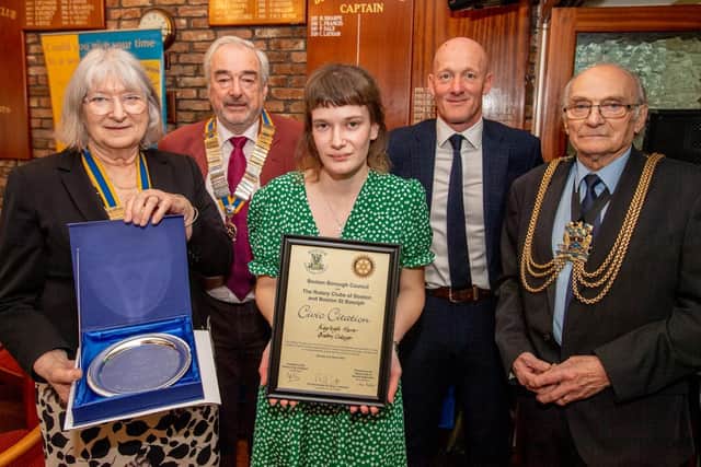 Kayleigh Hare
pictured with Jane Robson, Rotary President for Boston St Botolph, Geoff Day, Rotary President for Boston, Paul Bastock former Boston goalkeeper, and Boston Mayor Frank Pickett. Photos by John Aron.