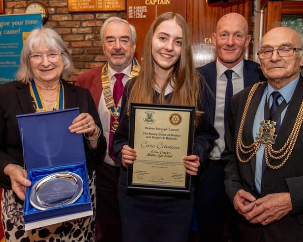 Ellie Craven (centre) pictured with Jane Robson, Rotary President for Boston St Botolph, Geoff Day, Rotary President for Boston, Paul Bastock former Boston goalkeeper, and Boston Mayor Frank Pickett. Photos by John Aron.
