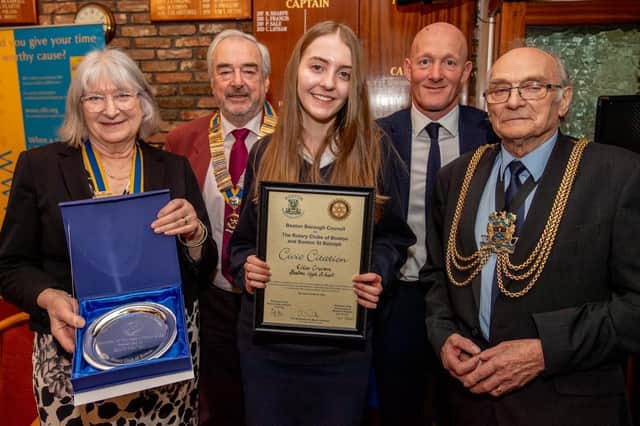 Ellie Craven (centre) pictured with Jane Robson, Rotary President for Boston St Botolph, Geoff Day, Rotary President for Boston, Paul Bastock former Boston goalkeeper, and Boston Mayor Frank Pickett. Photos by John Aron.