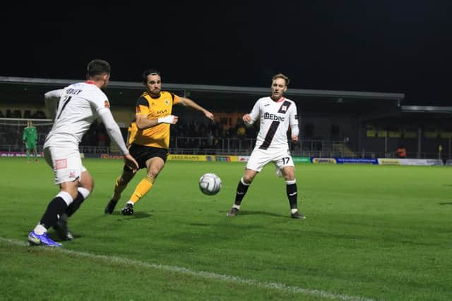 Tom Platt in  action during Boston United's victory over Darlington in November., Photo: Oliver Atkin