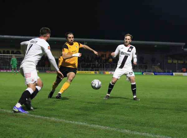 Tom Platt in  action during Boston United's victory over Darlington in November., Photo: Oliver Atkin
