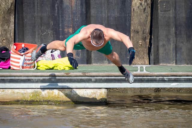 A participant in the belly flop competition at the River Witham in Boston. Photos by Mark Deith.