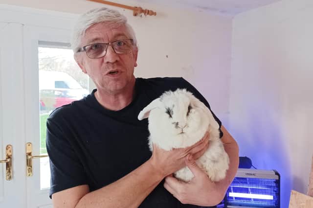 Martin with his friendly, non-barking pet rabbit Joey.