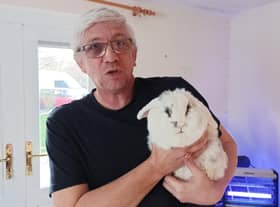 Martin with his friendly, non-barking pet rabbit Joey.