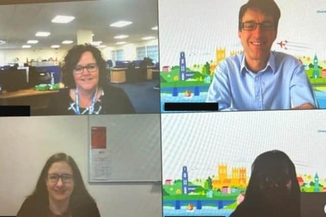Sleaford and NOrth Hykeham MP Dr Caroline Johnson (bottom left) meets via video ink with Lincolnshire CCG officials. EMN-220331-170609001