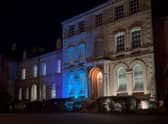 North Kesteven's district council offices lit up in the colours of the Ukrainian flag in solidarity against the invasion by Russia.
