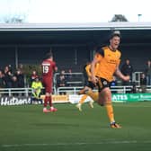 Scott Duxbury celebrates his first goal for Boston at the Jakemans Community Stadium. Photo: Oliver Atkin