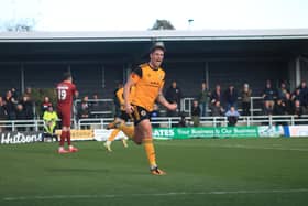 Scott Duxbury celebrates his first goal for Boston at the Jakemans Community Stadium. Photo: Oliver Atkin