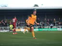 Scott Duxbury celebrates his first goal for Boston at the Jakemans Community Stadium. Photo: Oliver Atkin