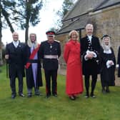 Pictured  after the ceremony are, from left:  Under Sheriff Michael Pace; His Honour Judge Simon Hirst; LordLieutenant Toby Dennis ; Kerry Strawson; High Sheriff Tim Strawson; Barbara Fontaine, The Queens Remembrancer; outgoing High Sheriff Claire Birch; the Rev Chris Hewitt and churchwarden Debbie Rudd,EMN-220404-144728001
