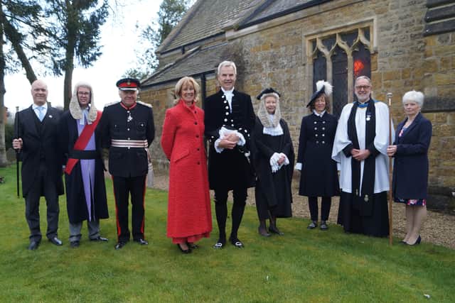 Pictured  after the ceremony are, from left:  Under Sheriff Michael Pace; His Honour Judge Simon Hirst; LordLieutenant Toby Dennis ; Kerry Strawson; High Sheriff Tim Strawson; Barbara Fontaine, The Queens Remembrancer; outgoing High Sheriff Claire Birch; the Rev Chris Hewitt and churchwarden Debbie Rudd,EMN-220404-144728001
