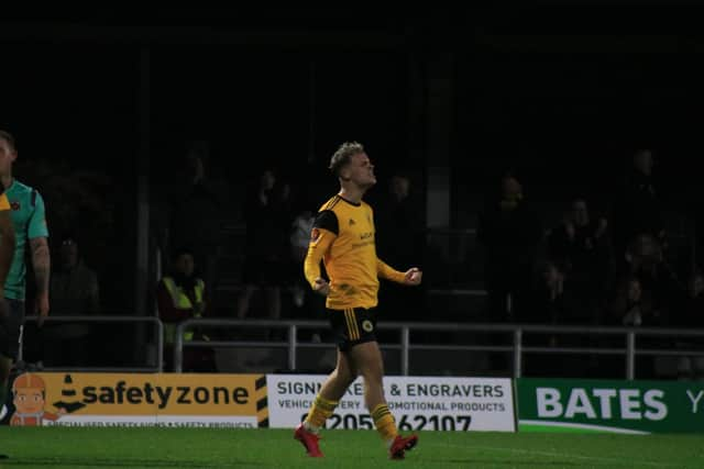 Jake Wright jnr celebrates his leveller against Chorley. Photo: Oliver Atkin