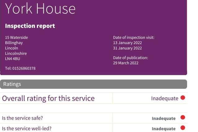 The front of the CQC report into York House, Billinghay.