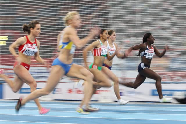 Bernice Wilson, of Great Britain and Northern Ireland, competes in the Women's 60m heats during day twoi of the 31st European Athletics Indoor Championships at the Palais Omnisports de Paris-Bercy on March 5, 2011 in Paris. (Photo by Ian Walton/Getty Images)