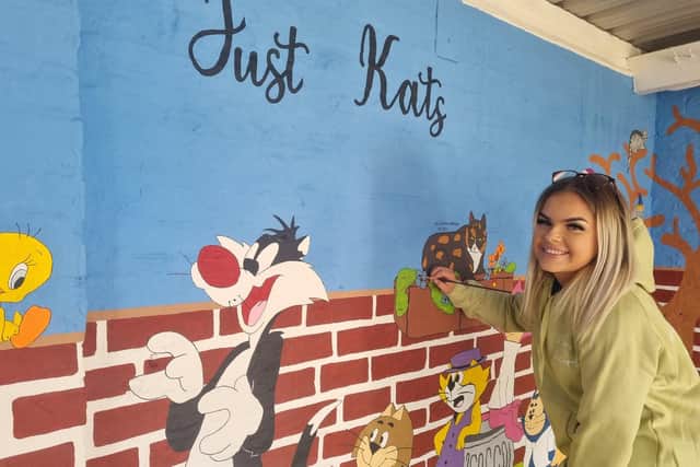 Katie Taylor of Painted Records is delighted with the mural she created for Just Kats cattery in Wainfleet Bank.