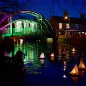The spectacularly illuminated New Street footbridge, part of the RiverLight Festival.
