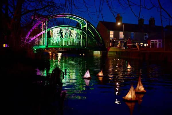 The spectacularly illuminated New Street footbridge, part of the RiverLight Festival.