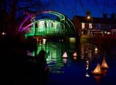 The spectacularly illuminated New Street footbridge, part of the RiverLight Festival.