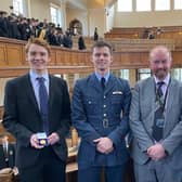 2020 winner Harry Hopkins, Flt Lt Jack Bosworth, headteacher John McHenry, and 2021 winner Matthew Dickens.
