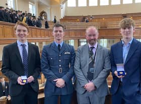 2020 winner Harry Hopkins, Flt Lt Jack Bosworth, headteacher John McHenry, and 2021 winner Matthew Dickens.