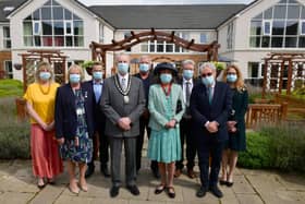 The Mayor's visit to Holdingham Grange, Sleaford. From left - Hazel Whittaker - home manager, Penny Howard - operations manager, Don Serrett - CEO of specialist services, Mayor of Sleaford Coun Robert Oates, Kent Phippen - CEO and managing director of owners Glenholme, Mayoress Ann Oates, George McAllister - director of care, Lord Patrick Carter - chairman of Glenholme, and Esther Bannister - strategic development director. EMN-220414-163909001