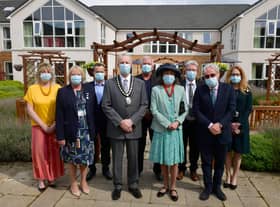 The Mayor's visit to Holdingham Grange, Sleaford. From left - Hazel Whittaker - home manager, Penny Howard - operations manager, Don Serrett - CEO of specialist services, Mayor of Sleaford Coun Robert Oates, Kent Phippen - CEO and managing director of owners Glenholme, Mayoress Ann Oates, George McAllister - director of care, Lord Patrick Carter - chairman of Glenholme, and Esther Bannister - strategic development director. EMN-220414-163909001