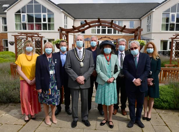The Mayor's visit to Holdingham Grange, Sleaford. From left - Hazel Whittaker - home manager, Penny Howard - operations manager, Don Serrett - CEO of specialist services, Mayor of Sleaford Coun Robert Oates, Kent Phippen - CEO and managing director of owners Glenholme, Mayoress Ann Oates, George McAllister - director of care, Lord Patrick Carter - chairman of Glenholme, and Esther Bannister - strategic development director. EMN-220414-163909001