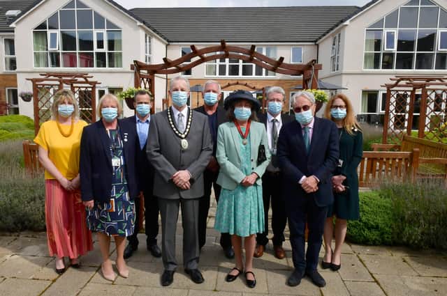 The Mayor's visit to Holdingham Grange, Sleaford. From left - Hazel Whittaker - home manager, Penny Howard - operations manager, Don Serrett - CEO of specialist services, Mayor of Sleaford Coun Robert Oates, Kent Phippen - CEO and managing director of owners Glenholme, Mayoress Ann Oates, George McAllister - director of care, Lord Patrick Carter - chairman of Glenholme, and Esther Bannister - strategic development director. EMN-220414-163909001