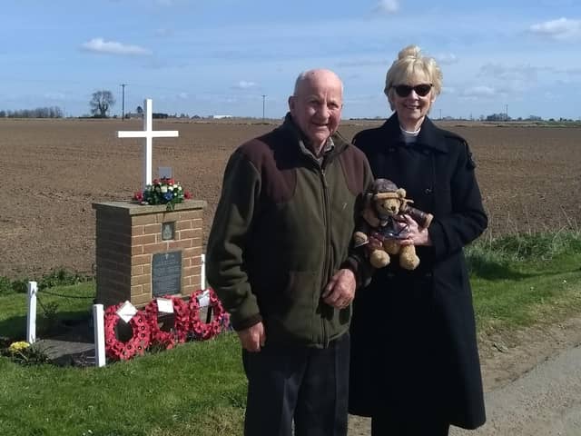 John Moore with Josephine Maddox at the Lancaster memorial near Bicker.