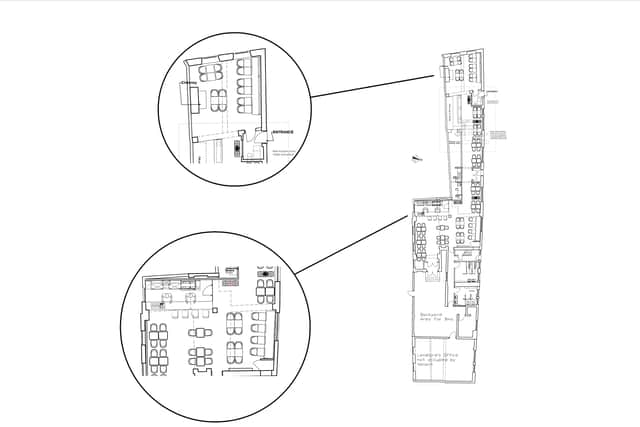 The proposed floor plan of the restaurant and takeaway, with our close-ups from documents submitted to the council.