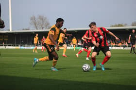 Femi Seriki pushes forward against Bradford Park Avenue. Photo: Oliver Atkin