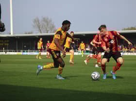 Femi Seriki pushes forward against Bradford Park Avenue. Photo: Oliver Atkin