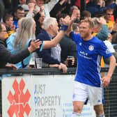 Boston United' Paul Green celebrates at Farsley Celtic. Photo: Oliver Atkin