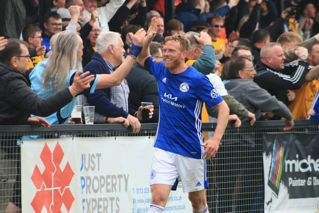 Boston United' Paul Green celebrates at Farsley Celtic. Photo: Oliver Atkin