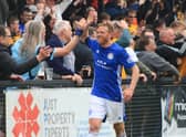 Boston United' Paul Green celebrates at Farsley Celtic. Photo: Oliver Atkin
