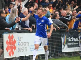 Boston United's Paul Green celebrates at Farsley Celtic.