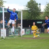 Jake Wright jnr opens the scoring at Farsley. Photo: Oliver Atkin