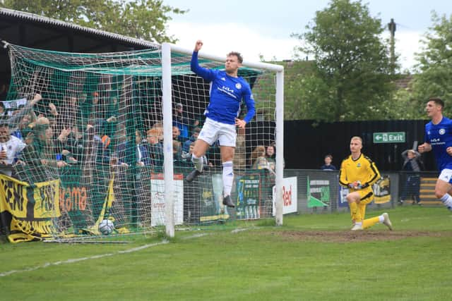 Jake Wright jnr opens the scoring at Farsley. Photo: Oliver Atkin