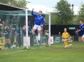 Jake Wright jnr opens the scoring at Farsley. Photo: Oliver Atkin