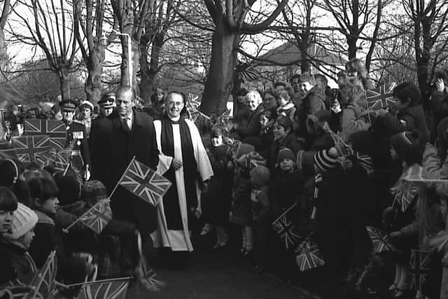 The Duke arrives at St Mary’s Church in Mablethorpe, accompanied by Rev D Woods and the Lord
Lieutenant of Lincolnshire Capt Henry Neville to be greeted by local schoolchildren. Photo: Ben Hardaker.