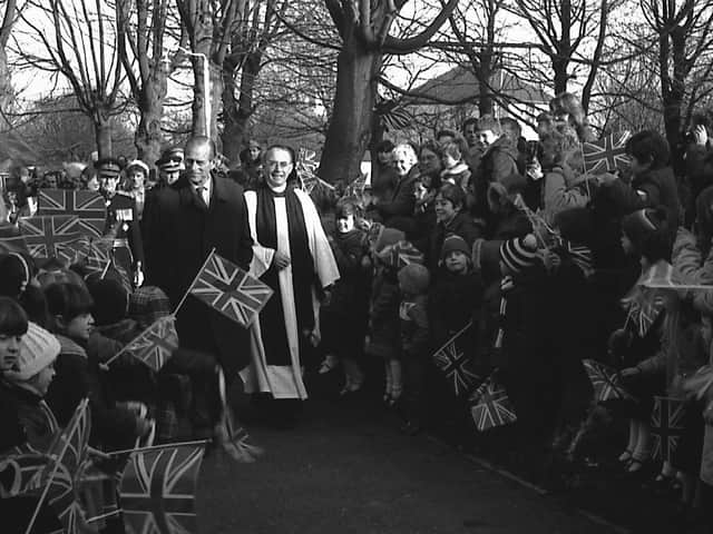 The Duke arrives at St Mary’s Church in Mablethorpe, accompanied by Rev D Woods and the Lord
Lieutenant of Lincolnshire Capt Henry Neville to be greeted by local schoolchildren. Photo: Ben Hardaker.