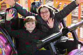 Kim Mills and Joseph Mills, 10, of Lemmington Spa on the new Spinning Racer at Fantasy Island in Ingoldmells. Kim said: 'It was really exciting and an adrenaline rush'.