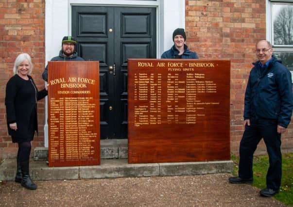 Return of the boards: from left, Christine Wyld, Senior Coordinator His Church, Cormac Taylor and Sam Teague from the His Church Buildings Restoration Team and  Phil Panton,  Director, Lincolnshire Aviation Heritage Centre.