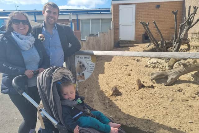 Amy and James Taylor with 13-month-old Albert enjoying a visit to Natureland.