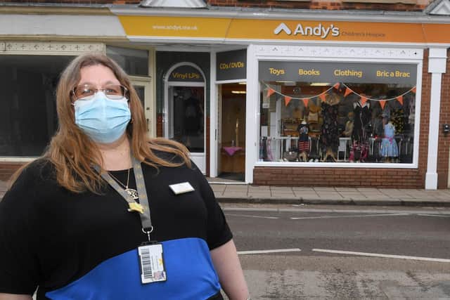 Shop manager Deborah Homer outside the new premises of Andy's charity shop on Southgate, Sleaford. EMN-210427-120446001