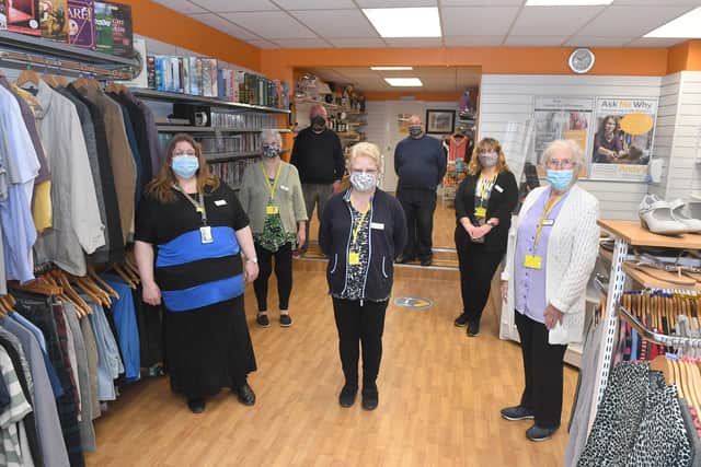 The team at the new Andy's charity shop in Sleaford. From left - shop manager Deborah Homer with volunteers Sue McIvor, Mick Perry, Dawn Blanking, Trevor Homer, Angela Morris and Sylvia Farnsworth. EMN-210427-120457001