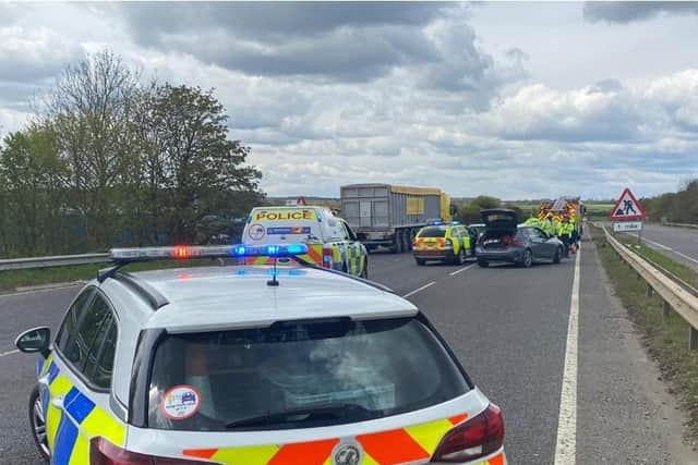 Emergency services surround the scene of the two-car collison on the A17 Sleaford bypass at lunchtime. Photo: Lincs Police EMN-210505-161454001